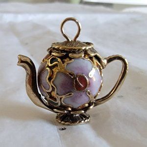 PINK FLOWER CHINESE CLOISONNE BEAD GOLD VERMEIL TEAPOT CHARM